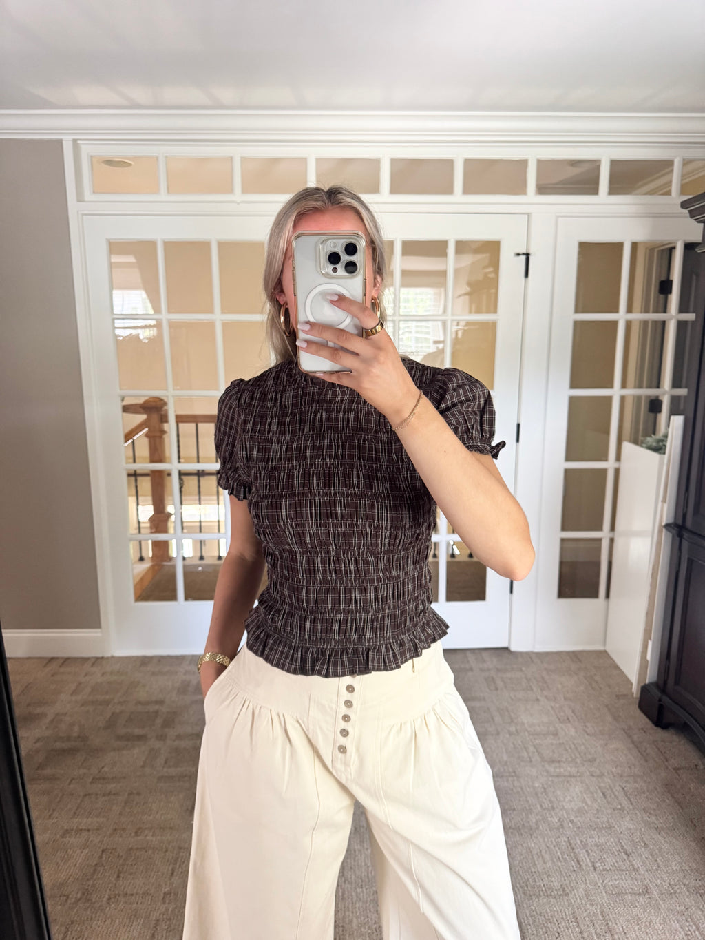 Cinnamon Plaid Puff Top