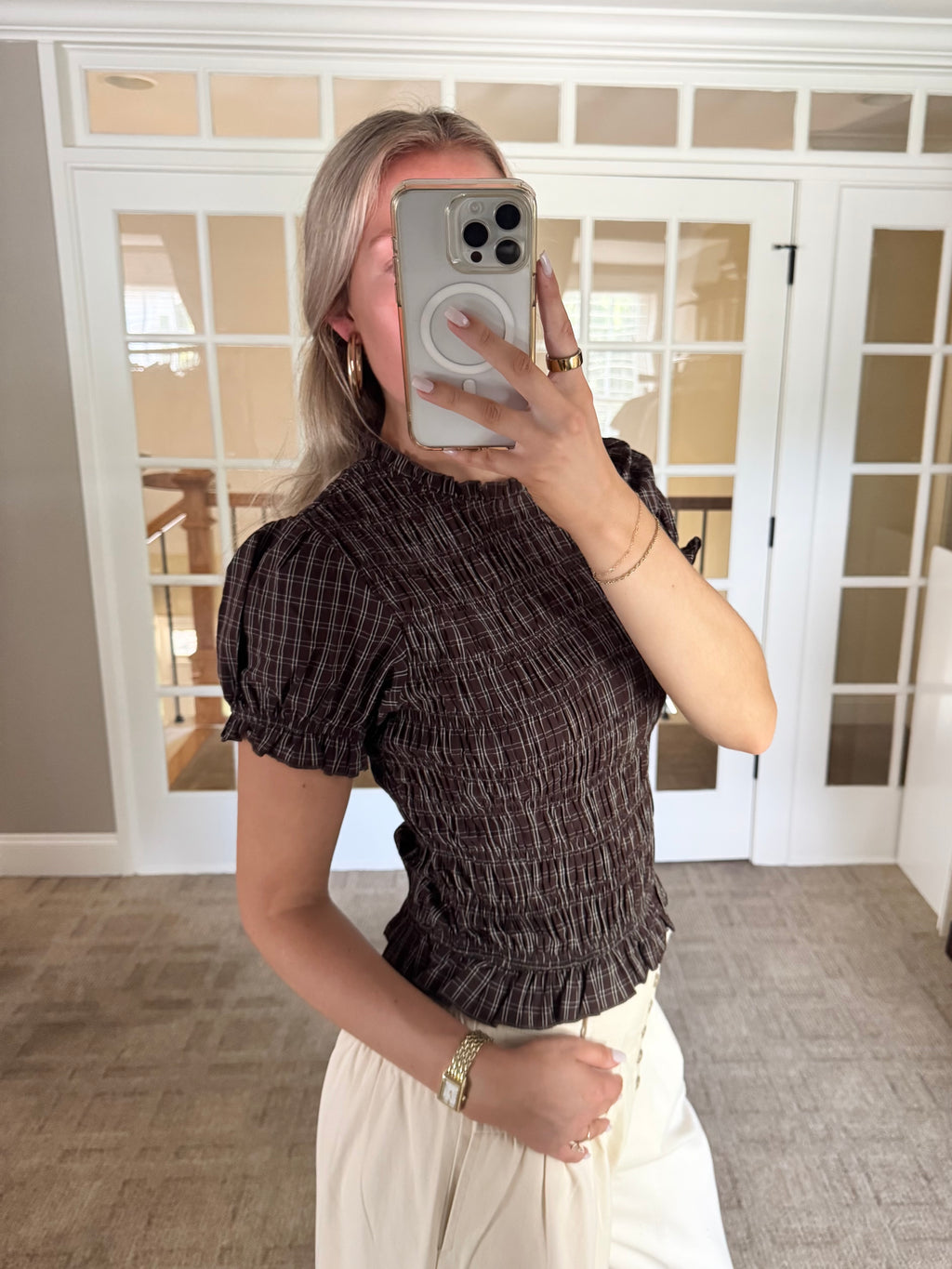 Cinnamon Plaid Puff Top