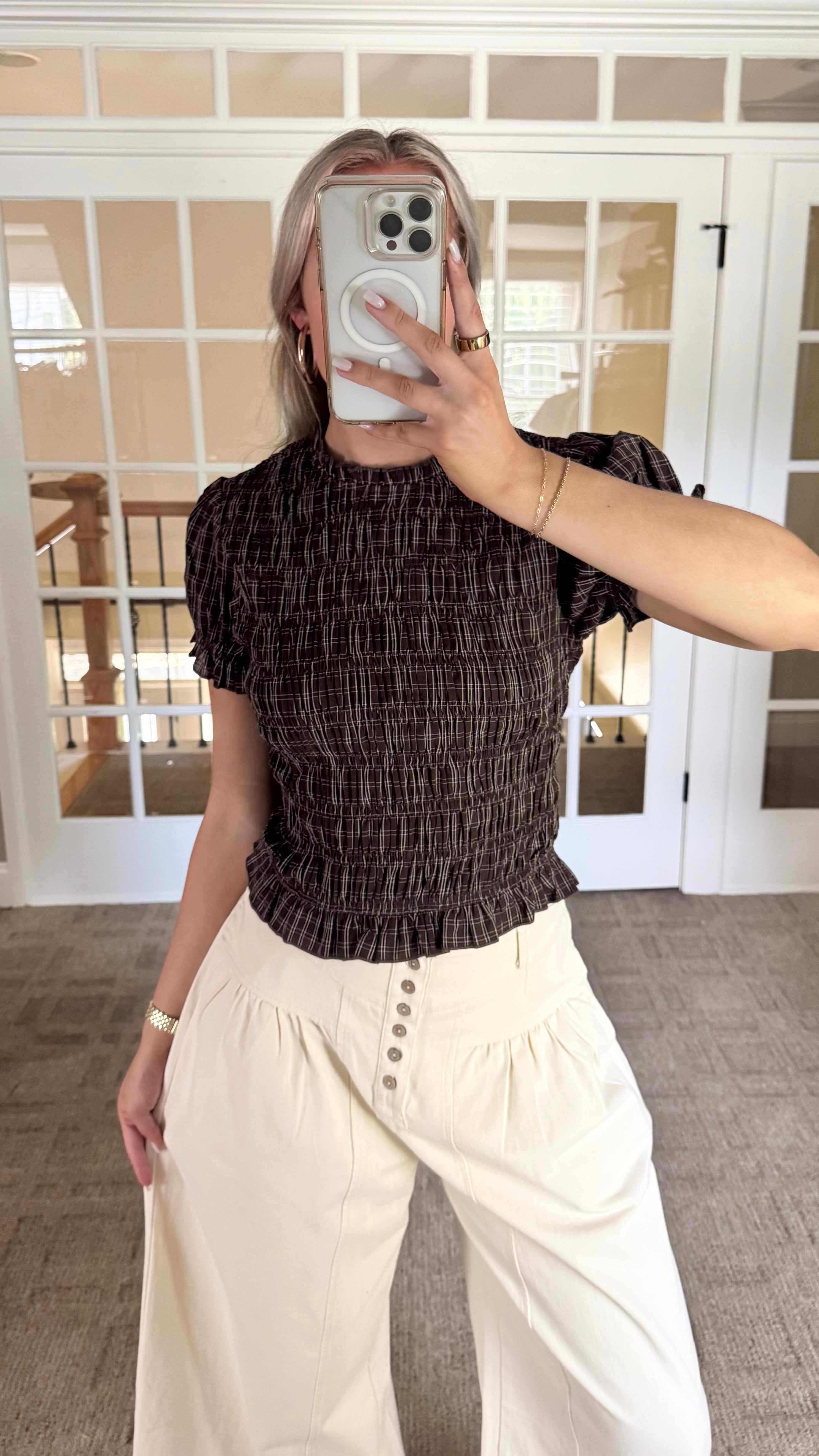 Cinnamon Plaid Puff Top