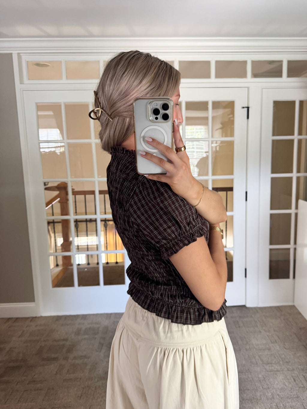 Cinnamon Plaid Puff Top