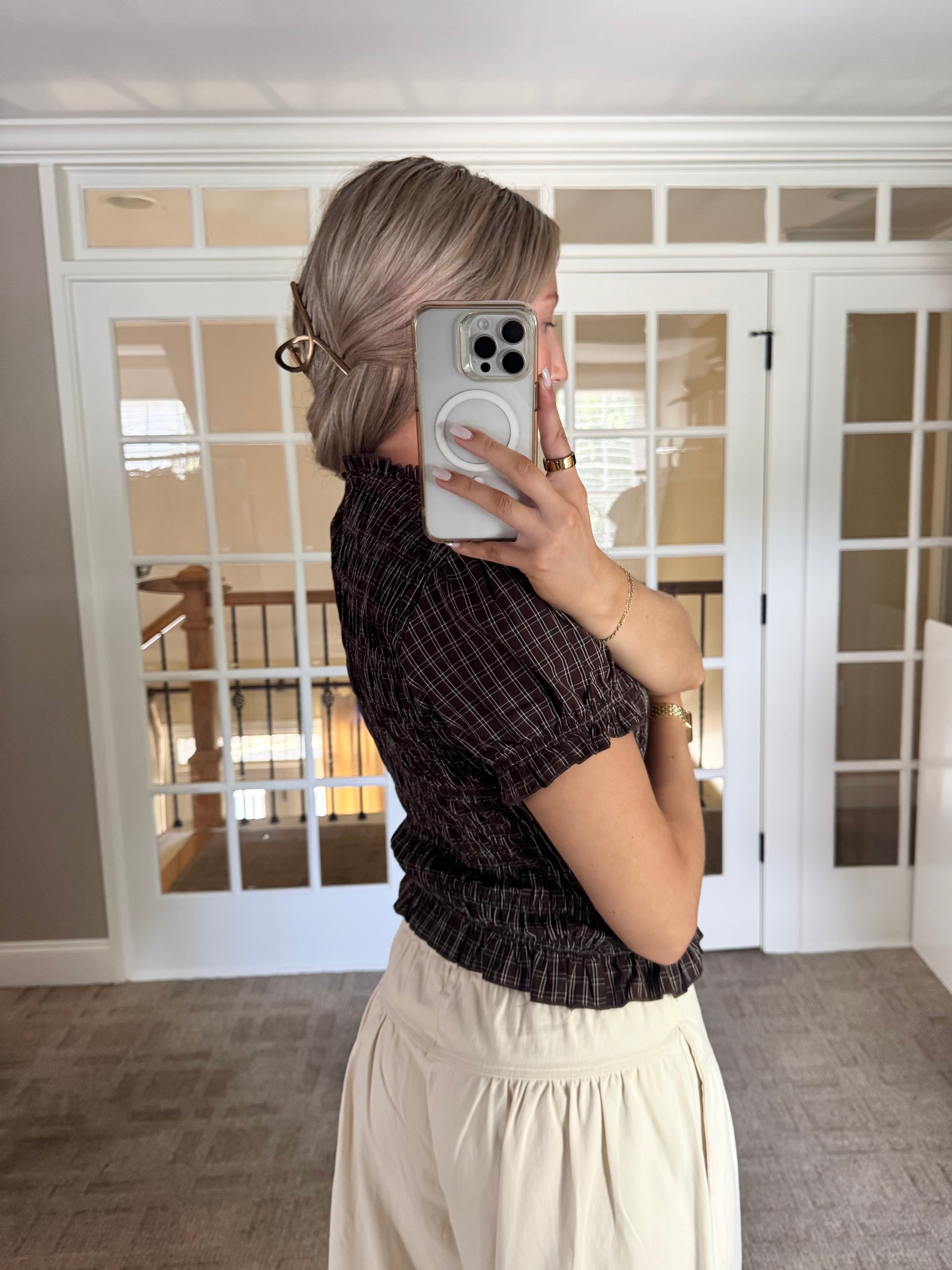 Cinnamon Plaid Puff Top